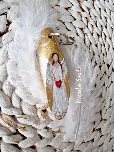 Preview: Schlüssel-/Taschenanhänger * Engel * handbemalt * Holz * Gold-Weiß * Herz